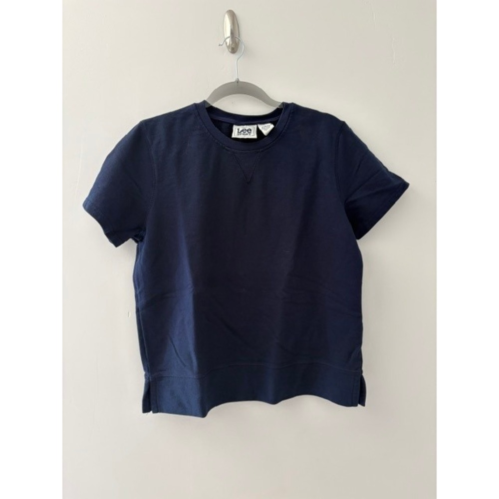 Vintage Lee Sport Navy Blue Short Sleeve Sweatshirt Crew V-Stitch Ribbed Med
